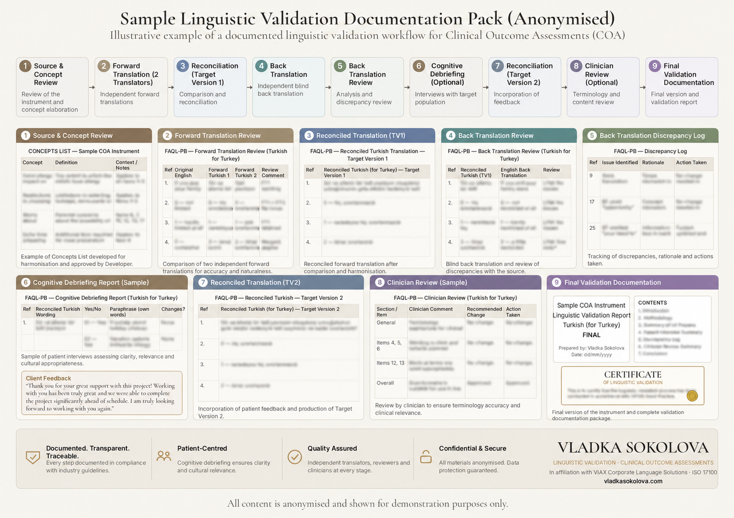 Sample anonymised linguistic validation documentation pack showing the validation workflow and supporting project records.